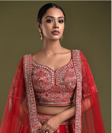 Red & Silver-Toned Embroidered Sequinned Shibori Semi-Stitched Lehenga & Blouse With Dupatta