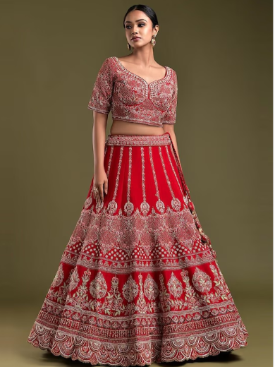 Red & Silver-Toned Embroidered Sequinned Shibori Semi-Stitched Lehenga & Blouse With Dupatta