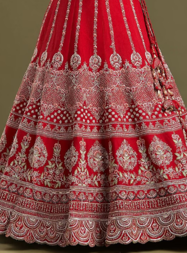 Red & Silver-Toned Embroidered Sequinned Shibori Semi-Stitched Lehenga & Blouse With Dupatta