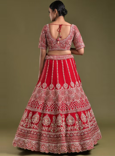 Red & Silver-Toned Embroidered Sequinned Shibori Semi-Stitched Lehenga & Blouse With Dupatta