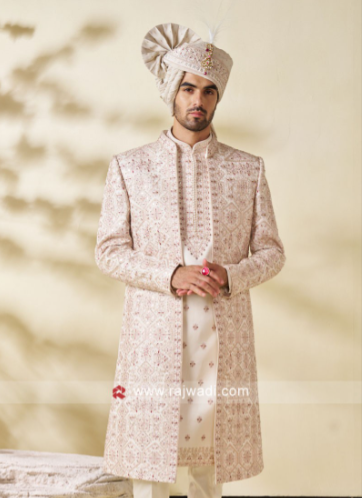 Designer Jacket Style Embroidered Cream Sherwani