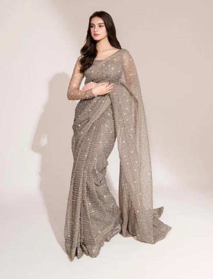 Fashionable Siroski Dimond work Grey Saree