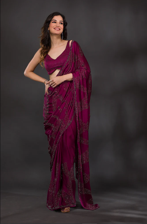 Wine Stonework Satin Designer Saree