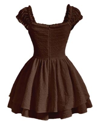 Square Neck Textured Waist-Cinching Chocolate Brown Dress