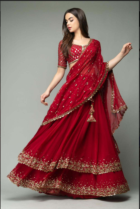 Resplendent Red Color Trendy Sequence Work Ruffle Lehenga Choli