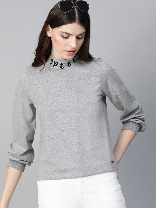 Women Grey Melange Solid Puff Sleeves Top