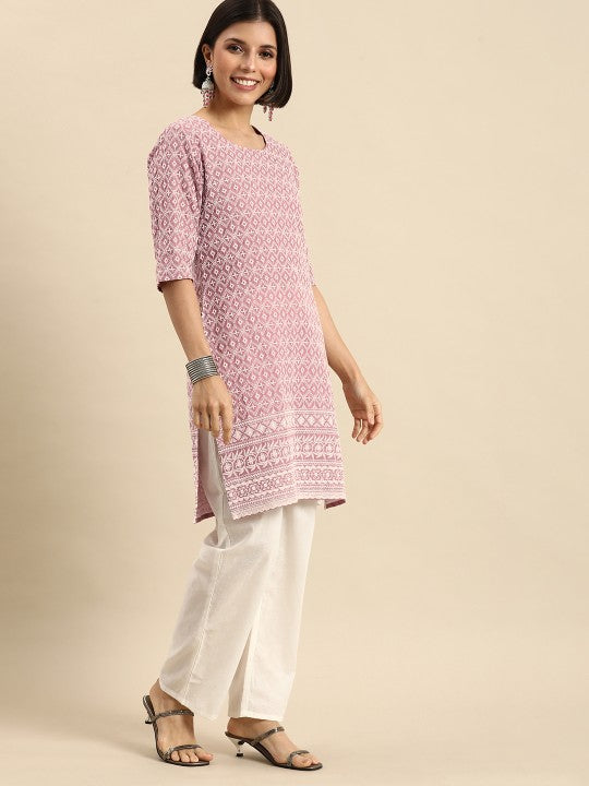 Women Pink & White Pure Cotton Embroidered Chikankari Kurta