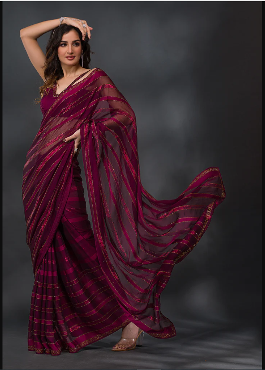 Wine Swarovski Tissue Designer Saree