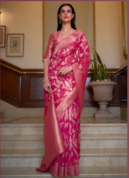 Fuchsia Pink Woven Banarasi Organza Silk Saree