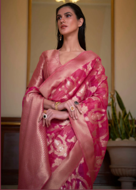 Fuchsia Pink Woven Banarasi Organza Silk Saree