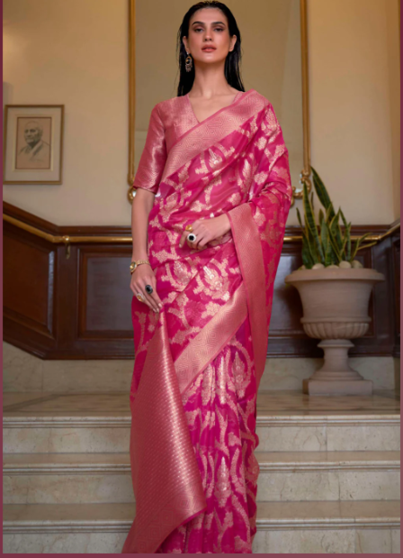 Fuchsia Pink Woven Banarasi Organza Silk Saree