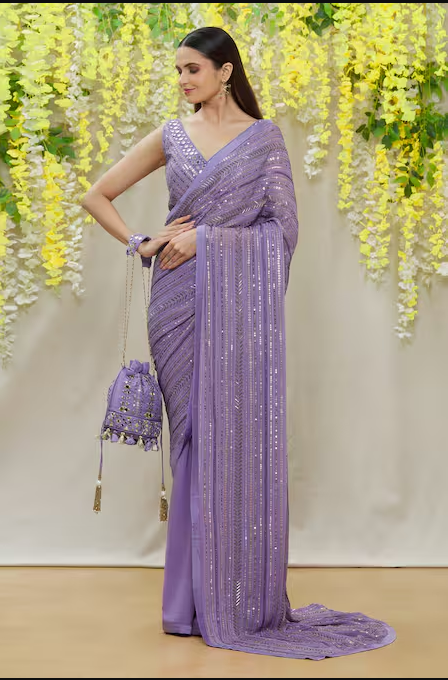 Purple Saree - Georgette With Satin Border Embroidered Karina Set For Women