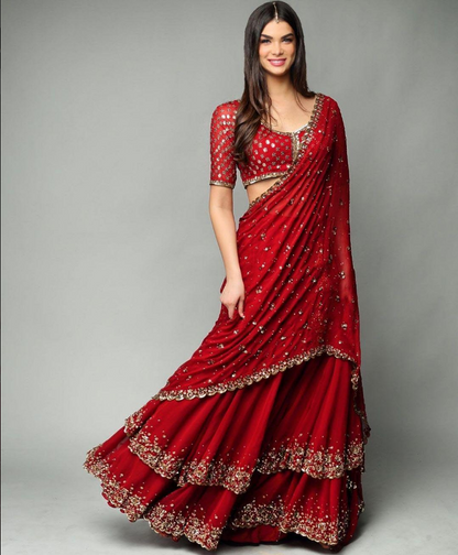 Resplendent Red Color Trendy Sequence Work Ruffle Lehenga Choli