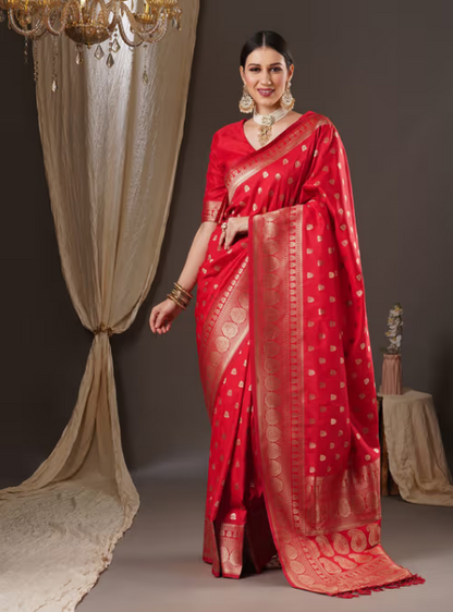 Womens Silk Blend Red Woven Design Saree with Unstitched Blouse