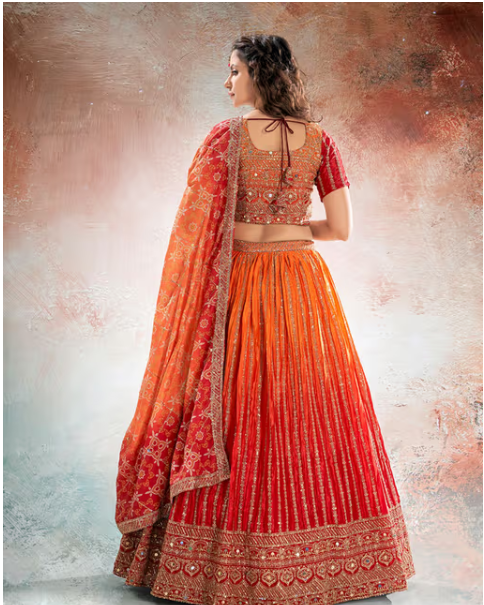 Red & Orange Semi Stitched Lehenga and Unstitched Choli with Dupatta