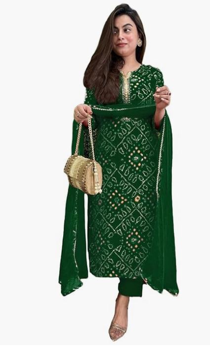 GoSriKi Women's Rayon Blend Straight Bandhej Printed Kurta with Pant & Dupatta