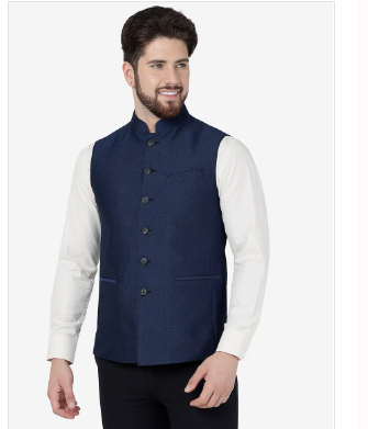 Navy Blue Checked Regular Fit Modi Jacket