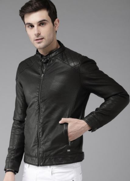 Men Black Solid Leather Jacket