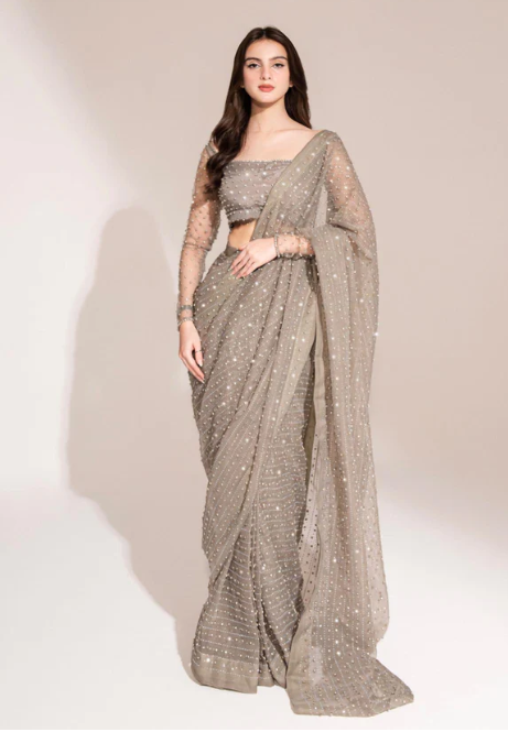 Fashionable Siroski Dimond work Grey Saree