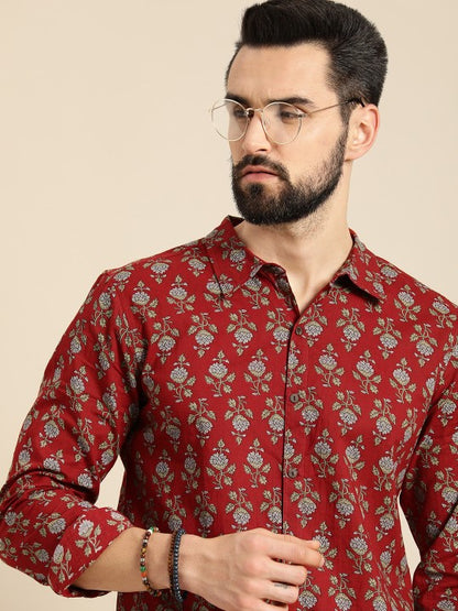 Men Red & Grey Floral Printed Pure Cotton Casual Shirt