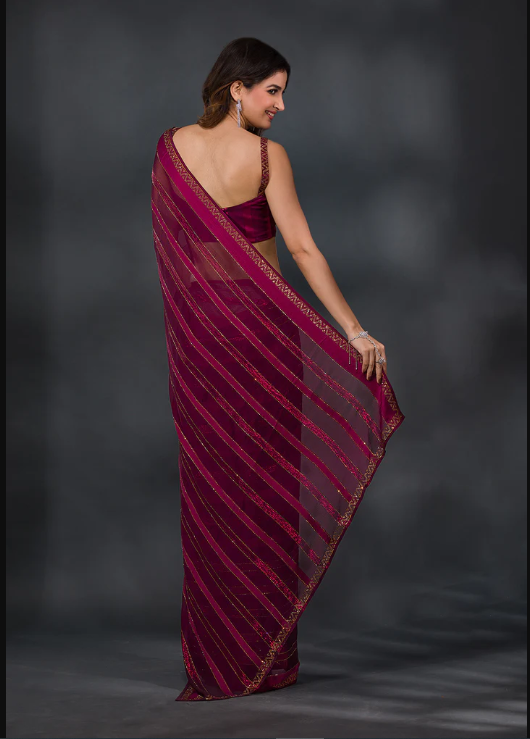 Wine Swarovski Tissue Designer Saree