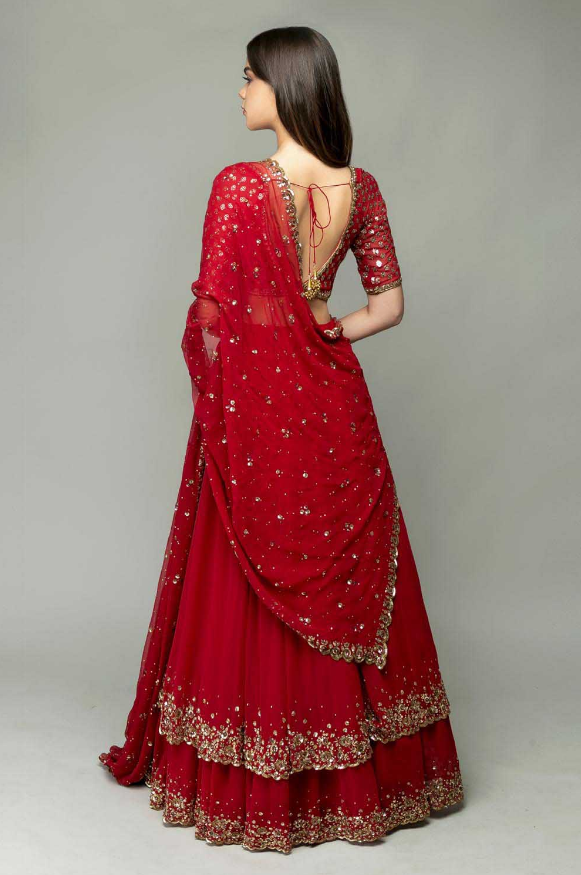 Resplendent Red Color Trendy Sequence Work Ruffle Lehenga Choli