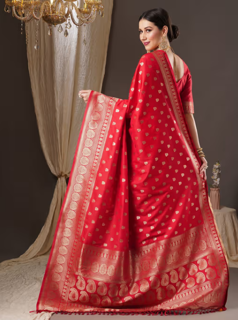 Womens Silk Blend Red Woven Design Saree with Unstitched Blouse