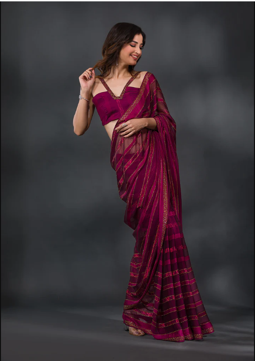 Wine Swarovski Tissue Designer Saree