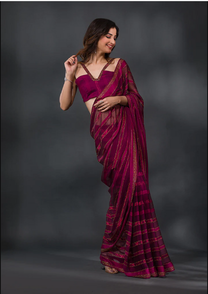 Wine Swarovski Tissue Designer Saree