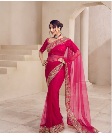 Floral Sequins and Thread Embroidered Saree with Blouse Piece