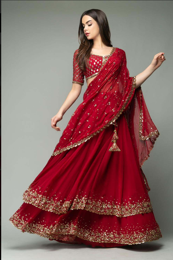 Resplendent Red Color Trendy Sequence Work Ruffle Lehenga Choli