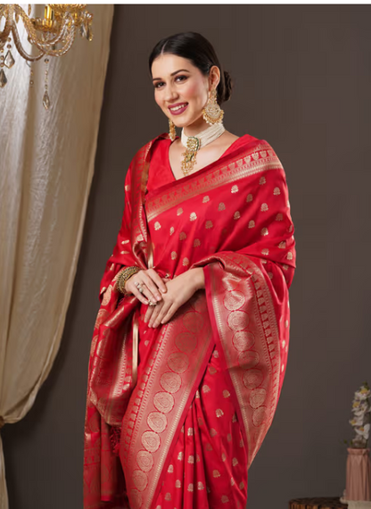 Womens Silk Blend Red Woven Design Saree with Unstitched Blouse