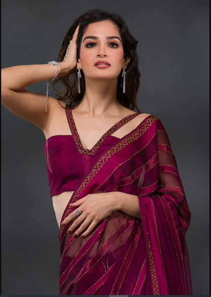 Wine Swarovski Tissue Designer Saree