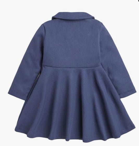 Girls Blue Bow Applique FullSleeve Long Coat with Hat