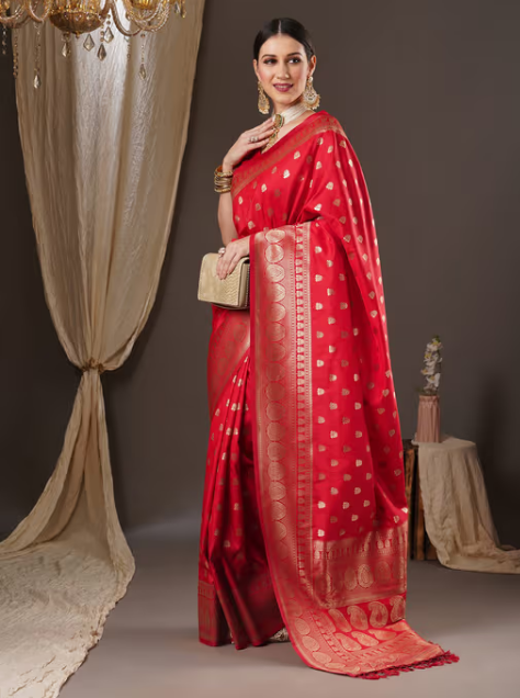 Womens Silk Blend Red Woven Design Saree with Unstitched Blouse