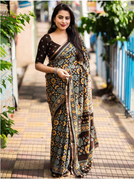 STAVA CREATION Ajrak Block Designer Saree by Myntra