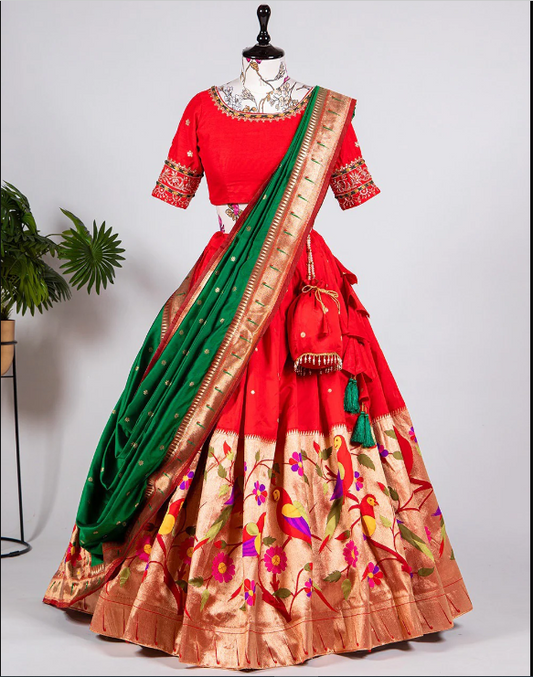 Red Paithani Silk Weaving Zari Work Lehenga Choli