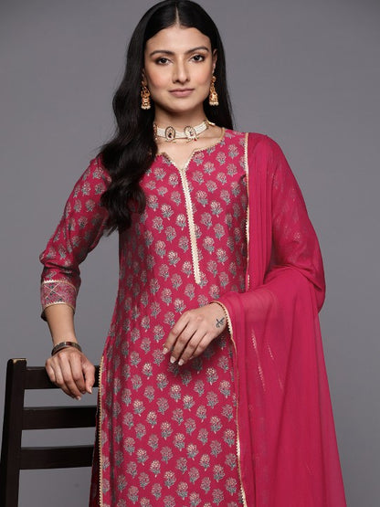 Women Magenta Floral Printed Gotta Patti Kurta with Palazzos & With Dupatta