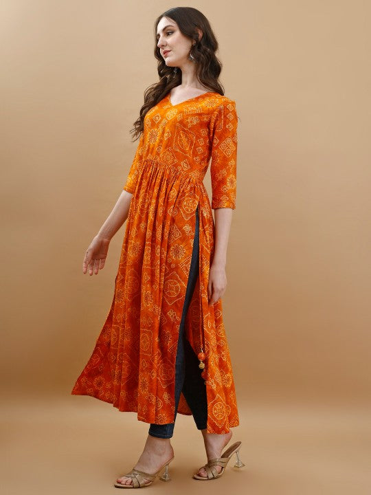 Bandhani Printed V-Neck Pleated A-Line Kurta