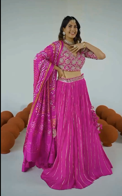 MAGENTA PINK SEQUINNED CREPE SILK LEHENGA SET