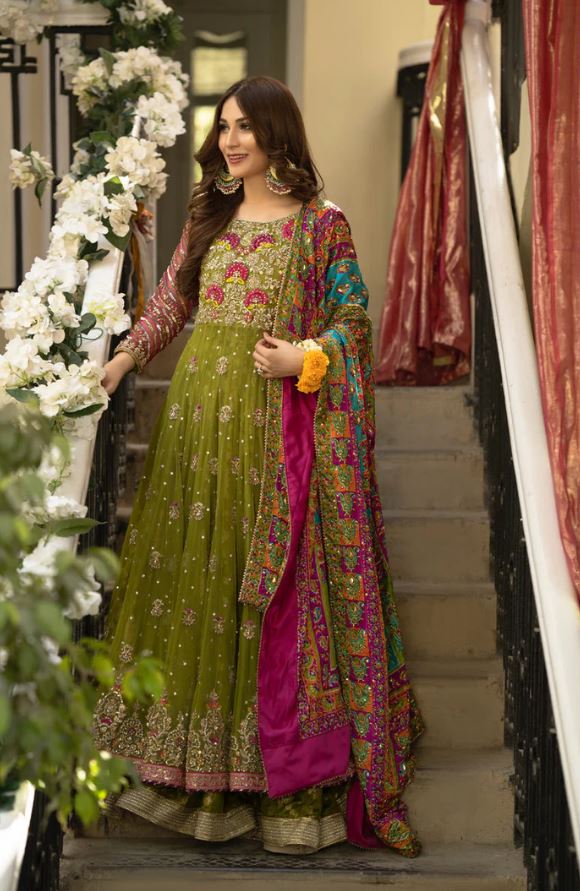 Women Pishwas Frock Lehenga Lime Green Pakistani Bridal Dress