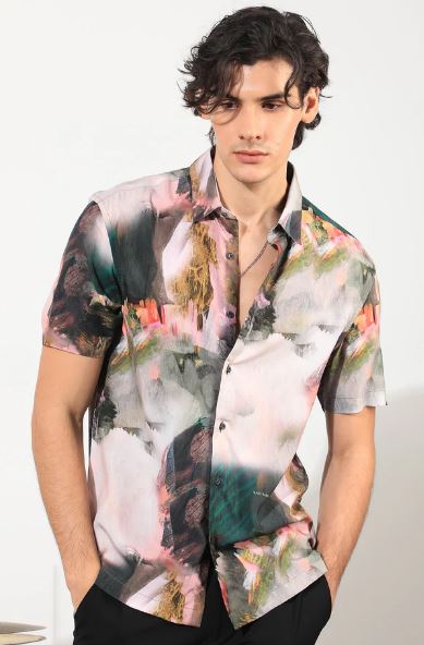 Rare Rabbit Mens Painter Green Viscose Fabric Half Sleeves Abstract Print Shirt