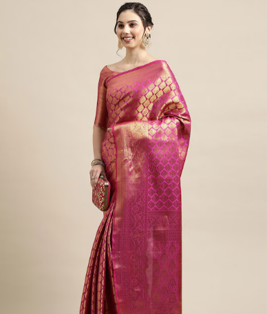 Pink & Gold-Toned Woven Design Zari Silk Blend Banarasi Sarees