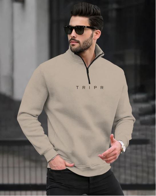 Tripr Men Zipper high Neck Beige Sweatshirt