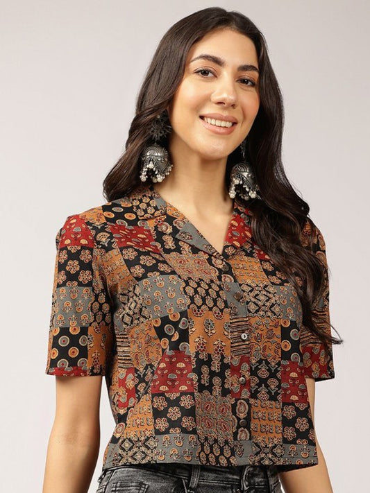 Ethnic Printed Cuban Collar Pure Cotton Shirt Style Top