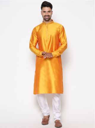 Men Silk Blend Mustard Kurta Churidar