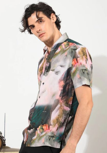 Rare Rabbit Mens Painter Green Viscose Fabric Half Sleeves Abstract Print Shirt