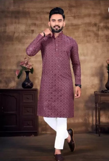 Men Embellished Cotton Silk Straight Kurta