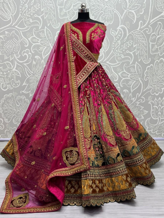 Cute Rani Pink Velvet Bridal Lehenga Choli With Double Dupatta