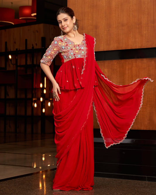 RED EMBROIDERED GEORGETTE PRE DRAPE SAREE SET